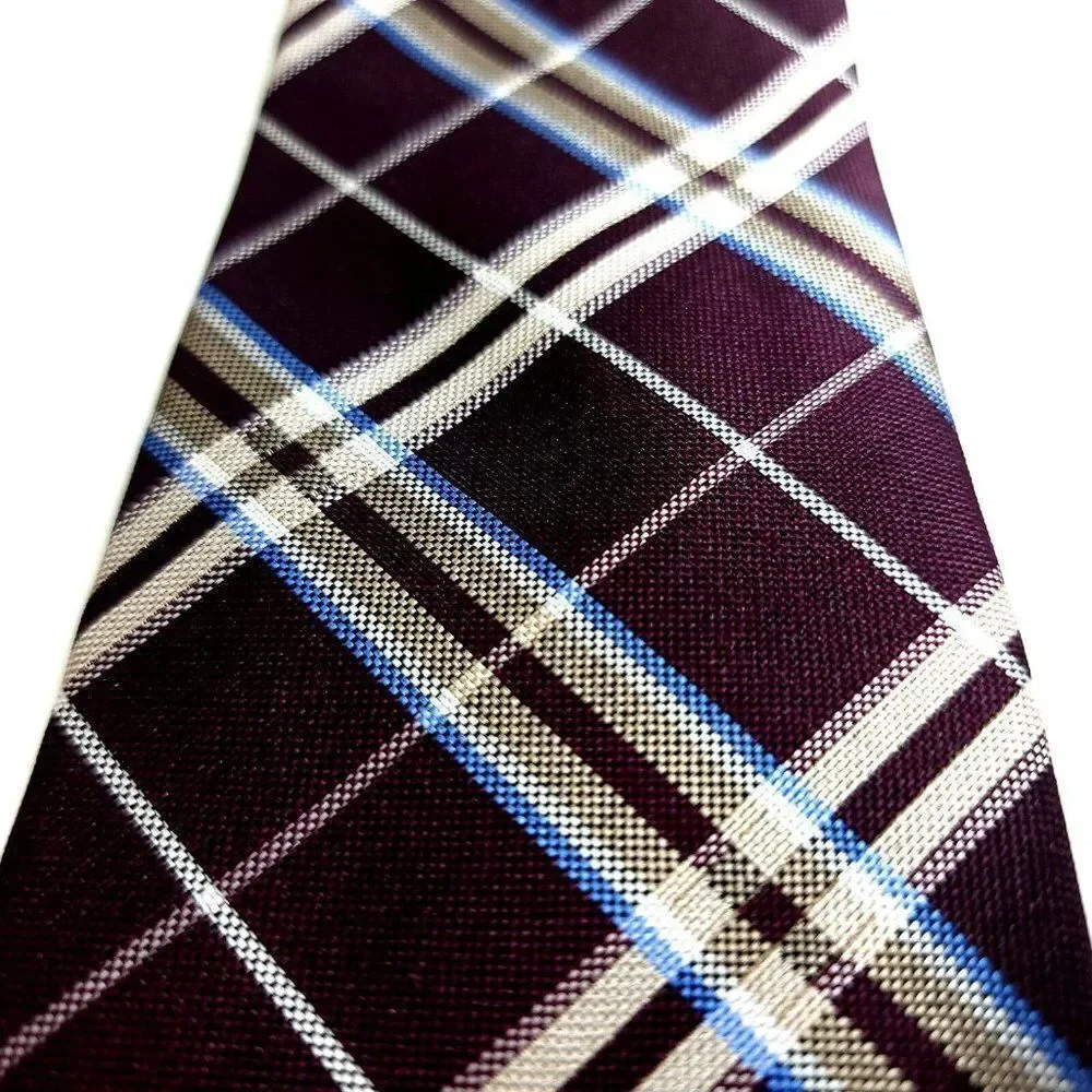 Tommy Hilfiger Purple Tan Woven Plaid‎ Silk Tie